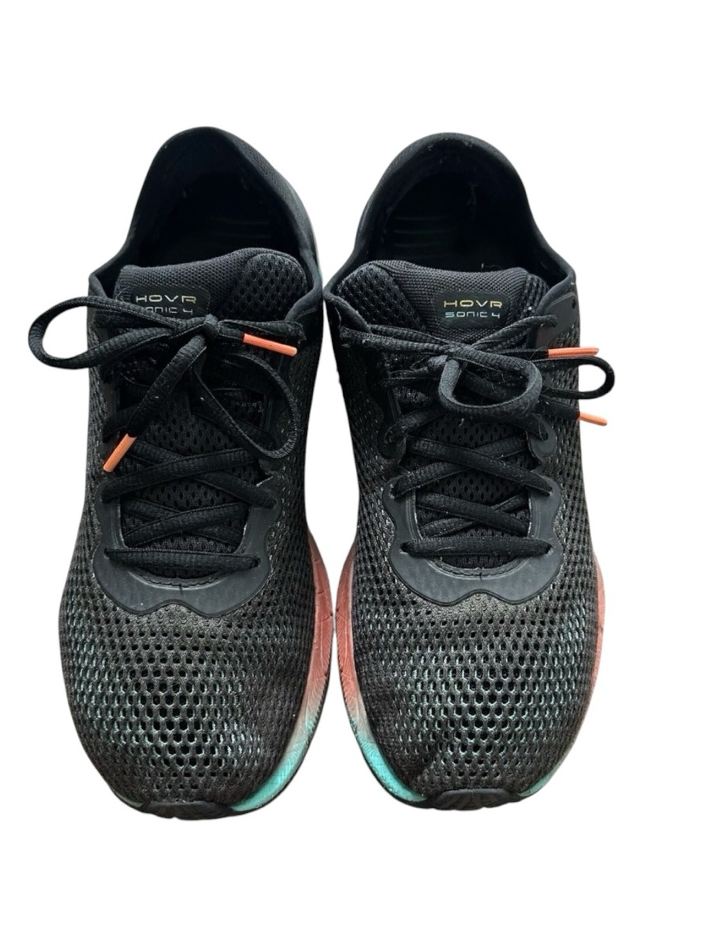 Size 9 Under Armour Black Running Shoes with Coral and Teal Accents